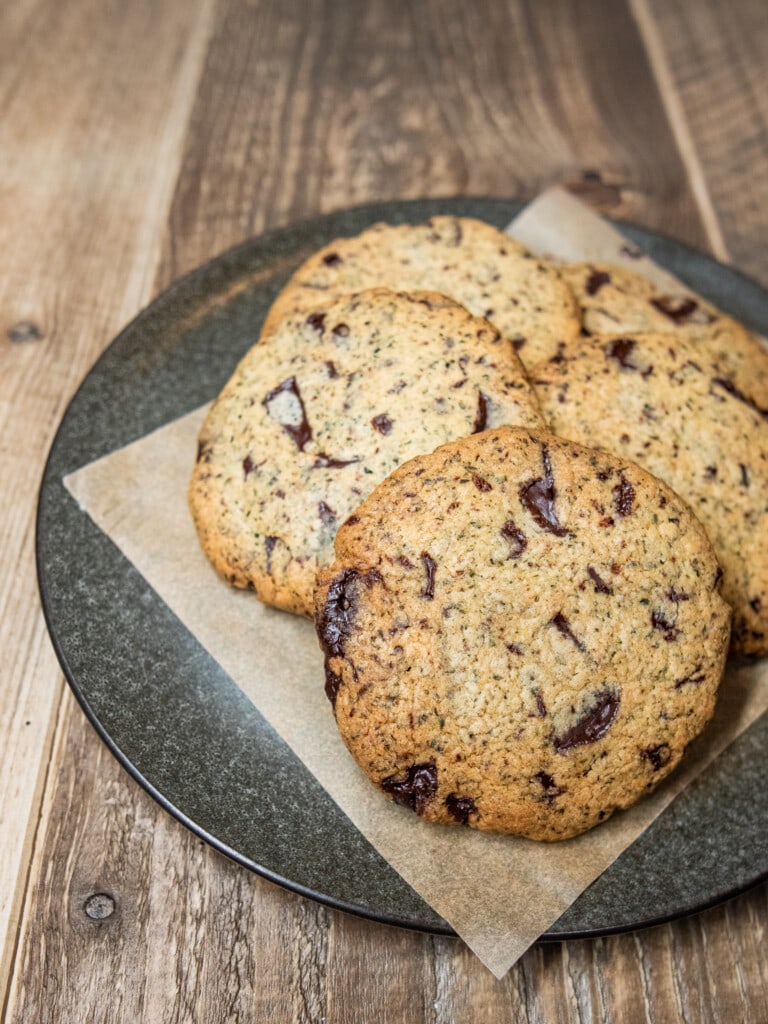 chocolate chip cookies on a plate with seaweed