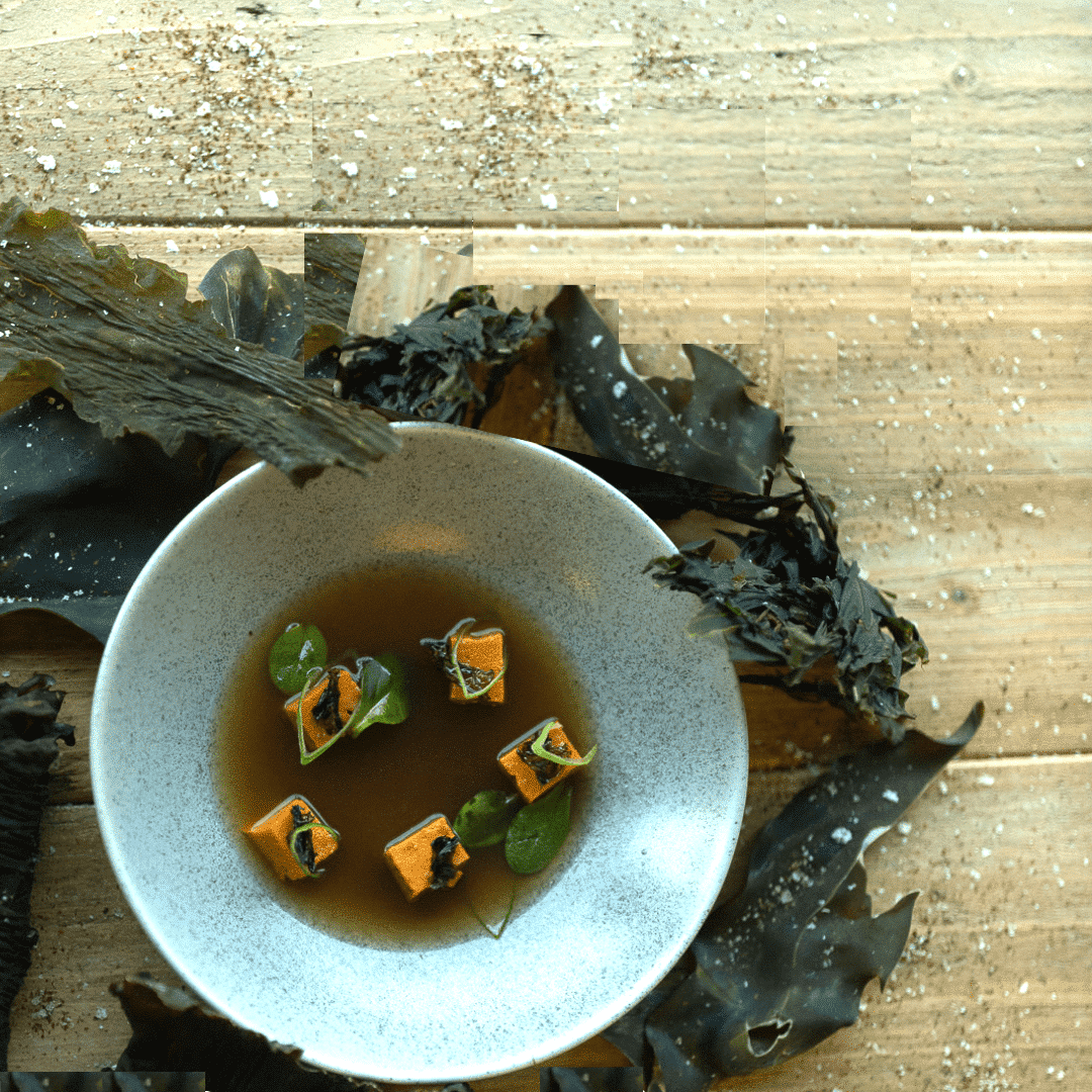dashi with pumpkin tofu
