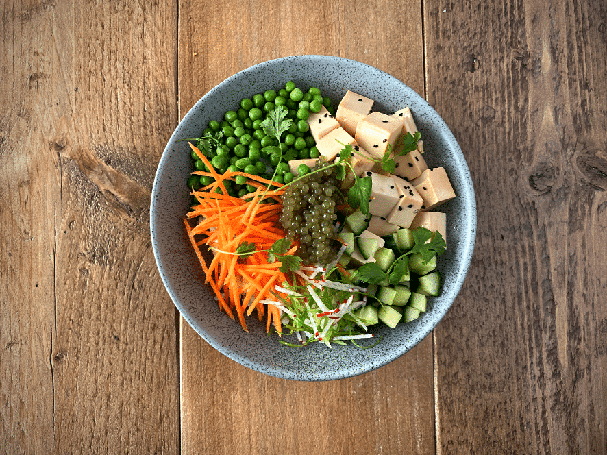 Poke bowl with algae pearls lofoten seaweed
