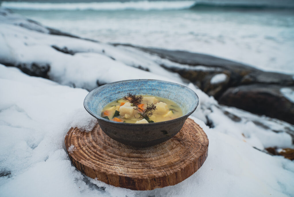Bowl of soup with seaweed atop in Arctic backdrop